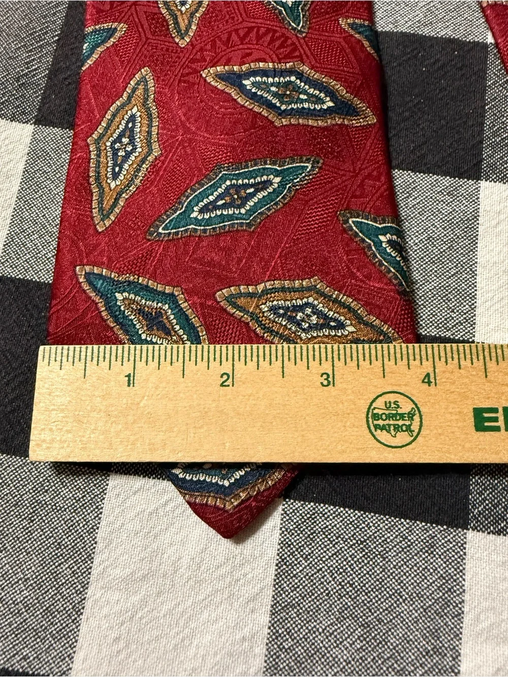 bill blass Red Tie with Teal and Gold Diamond Motifs